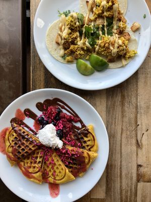 Breakfast Tacos and Waffles at Timeless Coffee Roasters and Bakery in Oakland