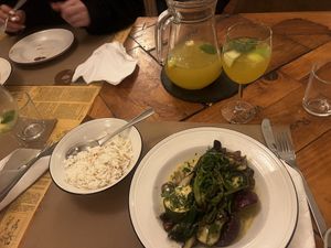 Baked vegetable curry, almond rice, white sangria   at O Português Chiado in Lisbon