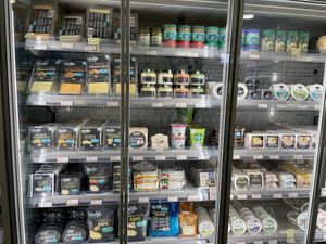 Vegan options in the fridge  at Aujourd'hui Demain Concept Store in Paris