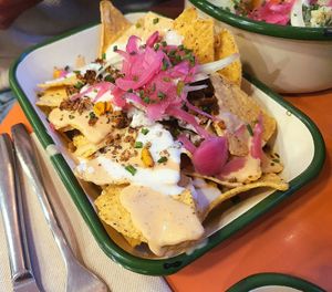 Nachos and a delicious sauce at Aujourd'hui Demain Concept Store in Paris