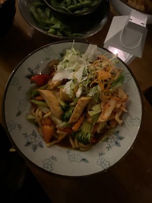 Edamame (6€) and Udon with Tofu and vegetables (14,50€)  at Vegan Haus in Berlin