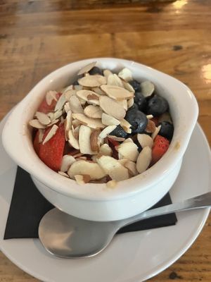 Steel cut oats with fresh fruit and almonds  at Seven Mile Cafe in Denton