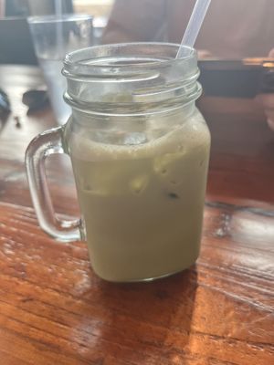 Iced matcha latte with soy milk  at Seven Mile Cafe in Denton