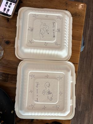 Server decorated our to go boxes!!! So sweet   at Seven Mile Cafe in Denton