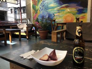 Pear with red wine sauce for dessert   at Germinación Cocina y Bistro in Santiago Atitlan