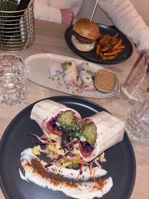 Burger, summer rolls and falafel wrap  at The Green Garden in Salzburg