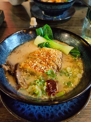Kontsuku ramen with crispy vegan duck covered in sesame crust. at Golden Ginkgo  in Berlin