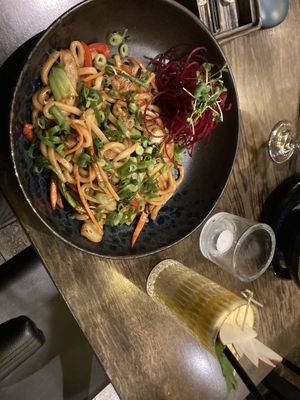 Stir Fried Udon special and the Mango Coconut Shake - It was divine!  at Golden Ginkgo  in Berlin