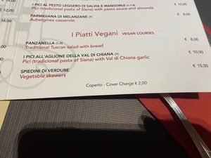 Menu Veg  at Boccon del Prete in Siena