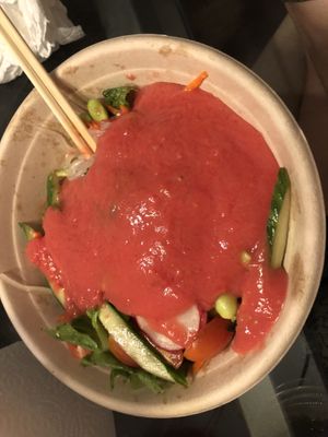 Gf glass noodle salad with home made  tomato sauce   at Ikedo Ramen in Port Washington