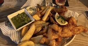 Banana blossom fish and chips! Absolutely delicious!!   at The Boars Head in Louth