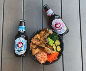 Rotating Special Mushroom Rice Bowl (toppings and mushrooms change daily) at Bing's Bao Buns in San Luis Obispo