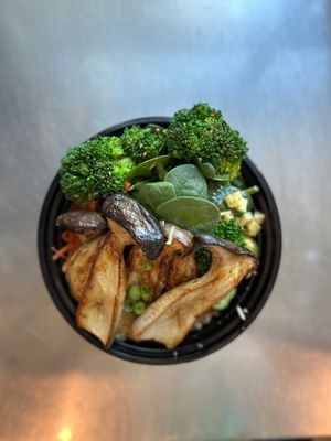 Rotating Special Mushroom Rice Bowl (toppings and mushrooms change daily) at Bing's Bao Buns in San Luis Obispo