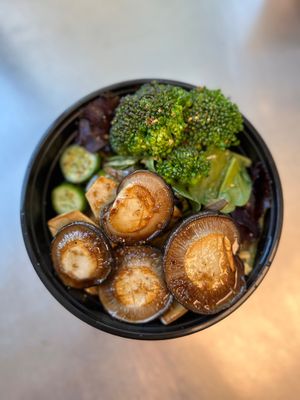Rotating Special Mushroom Rice Bowl (toppings and mushrooms change daily) at Bing's Bao Buns in San Luis Obispo