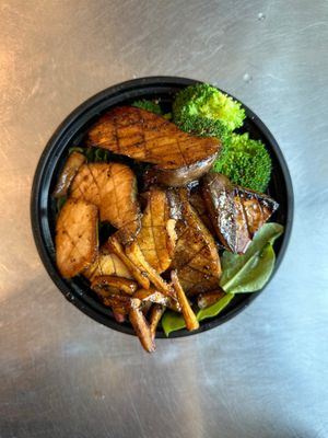 Rotating Special Mushroom Rice Bowl (toppings and mushrooms change daily) at Bing's Bao Buns in San Luis Obispo