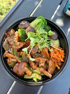 Rotating Special Mushroom Rice Bowl (toppings and mushrooms change daily) at Bing's Bao Buns in San Luis Obispo
