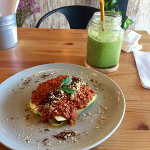 Raw lasagna with Green Basil Smoothie at Atsumi Raw Cafe in Phuket