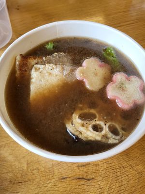 Shoyu Veggie Ramen with broth at Satori Ramen Bar in Columbus
