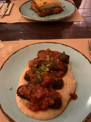 Soutzoukakia on smoked eggplant dip and musaka for bf   at Los V in Athens