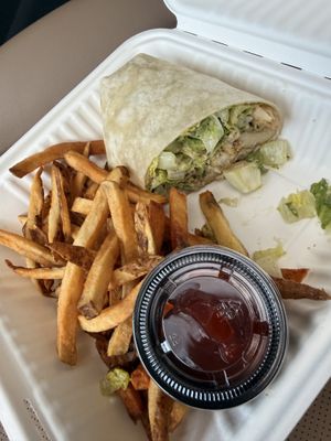 Vegan grilled chicken wrap with fries (I ate half before I took the pic)  at Eat in Springfield