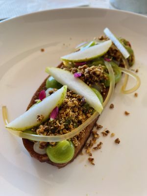 Dessert with pear, lemon and crumble   at La Caperucita y el Lobo in Valparaiso