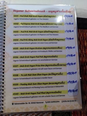 Menu at Siam Thai Restaurant in Hannover
