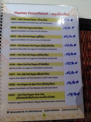Menu at Siam Thai Restaurant in Hannover