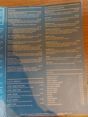 Soup and burger vegan options clearly marked on the menu at The Chlachain Inn in Mallaig