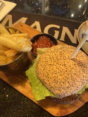 Vegan burger and chips  at The Chlachain Inn in Mallaig