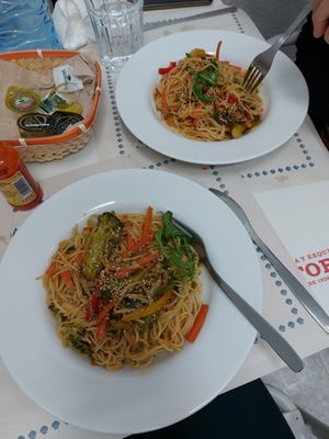 Thai noodles which was included in the menu del dia. The menu included salad with corn, olives and carrots, a soft drink, a coffee and a digestive. All for this for 14€. at Danny Café Bar in Palas De Rei