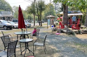 Outdoor seating    at Ima's Kitchen in Denman Island