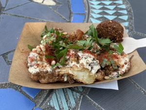 Fried cauliflower with one added falafel to try    at Ima's Kitchen in Denman Island