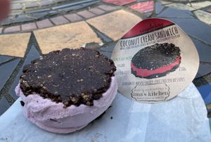 Raspberry ice cream sandwich    at Ima's Kitchen in Denman Island