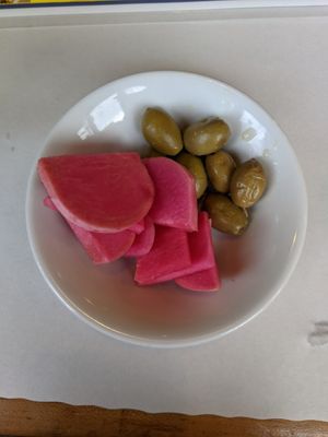 Complimentary Pickles and Olives at Abu Salim Middle Eastern Grill in San Francisco