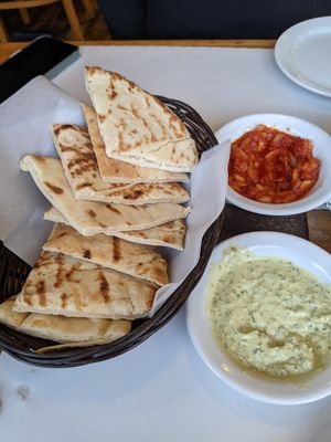 Pita Bread and Dips at Abu Salim Middle Eastern Grill in San Francisco