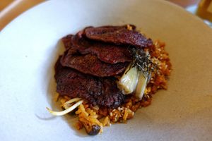 Kimchi rice with Marinated seitan at Gusto Creciente  in Lima