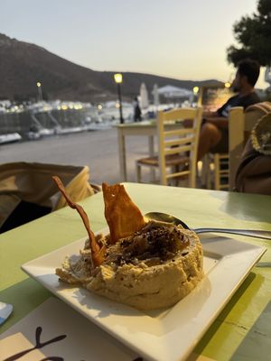 Hummus with grilled onions  at Youkali in Amorgos