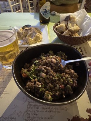 Bean salad with fava beans, chickpeas, lentils, wheat berries 😋  at Youkali in Amorgos