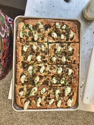 mushroom focaccia with pepita cheese (there is always a vegan focaccia flavor every day)  at Dry Fly Coffee Co in New Paltz