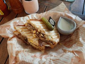 Grilled Panini with vegan cheese, caramelised onion & meaty mushrooms 😋 at Firefly in Pai