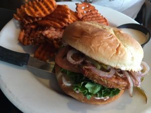 garden burger with grilled onions and green chilies with sweet potato fries at Blondies' Bistro in Grants Pass