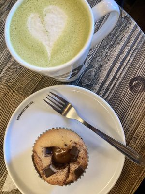 Half baked cake and matcha latte  at Espresso House in Vejle
