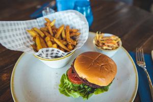 Oumph! Burger with Slaw & Fries  at The Dock in Cardiff