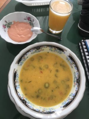 Menú of day includes juice, soup and desert (in photo) and main course   at Ricuras Integrales Luz in Manizales