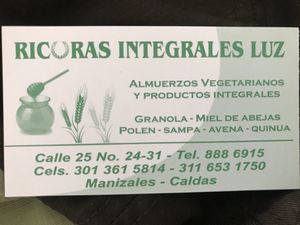 Their business card at Ricuras Integrales Luz in Manizales