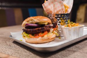 Oumph! burger with house slaw & friess  at Brewhouse in Cardiff