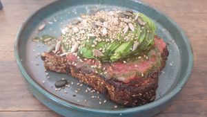 Avocado on toast with basil oil at Batx in Mallorca