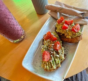 Avocado toast and the blueberry smoothie  at Kave - Hammersmith in West London
