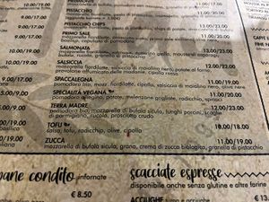 Some vegan options on menu  at Terramadre Pizzeria Biologica in Catania