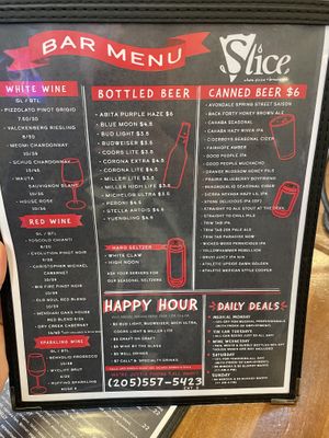 Bar menu  at Slice Pizza & Brewhouse in Vestavia Hills